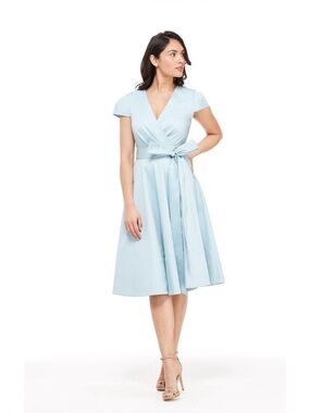 NWT Gal Meets Glam Addison Cotton Poplin V Neck Wrap Midi Dress Sea Breeze 16